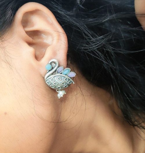 Silver Replica Designer Piece Of Bird Oxidised Stud Earrings For Girls - Image 23