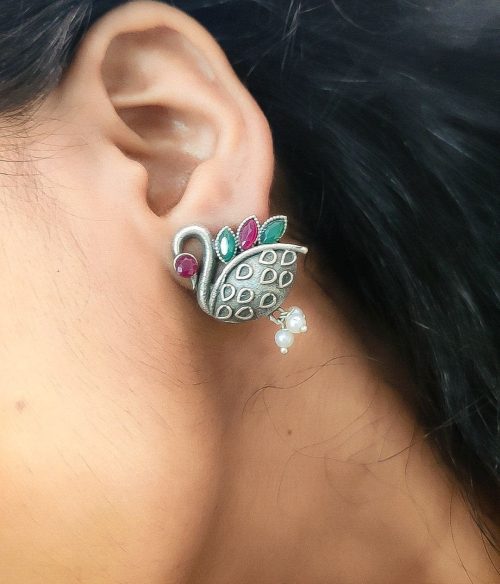 Silver Replica Designer Piece Of Bird Oxidised Stud Earrings For Girls