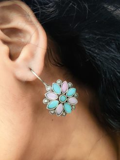 Premium Quality Silver Replica Stone Work Oxidised Hook Earrings For Girls