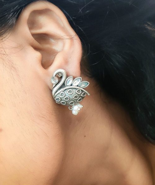 Silver Replica Designer Piece Of Bird Oxidised Stud Earrings For Girls - Image 2