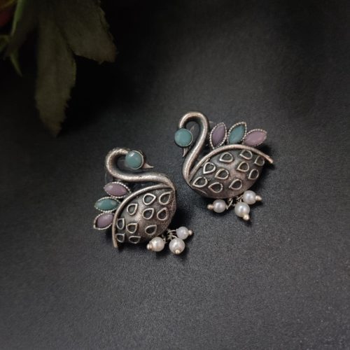Silver Replica Designer Piece Of Bird Oxidised Stud Earrings For Girls - Image 25