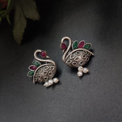 Silver Replica Designer Piece Of Bird Oxidised Stud Earrings For Girls - Image 18