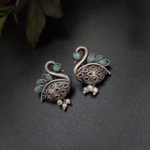 Silver Replica Designer Piece Of Bird Oxidised Stud Earrings For Girls - Image 13