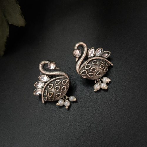 Silver Replica Designer Piece Of Bird Oxidised Stud Earrings For Girls - Image 3