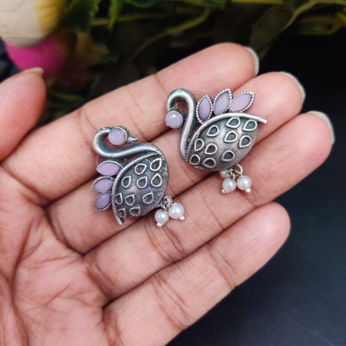 Silver Replica Designer Piece Of Bird Oxidised Stud Earrings For Girls - Image 28