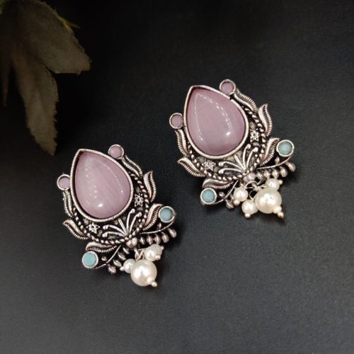 Adorable Oxidised Design Monalisa Stone Stud with Pearl Work Earrings