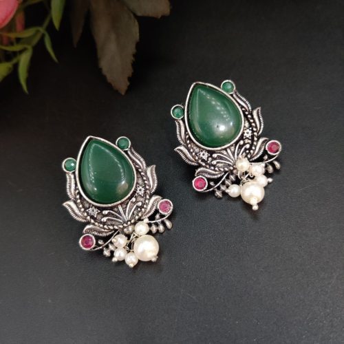 Adorable Oxidised Design Monalisa Stone Stud with Pearl Work Earrings