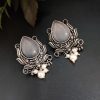 Adorable Oxidised Design Monalisa Stone Stud with Pearl Work Earrings