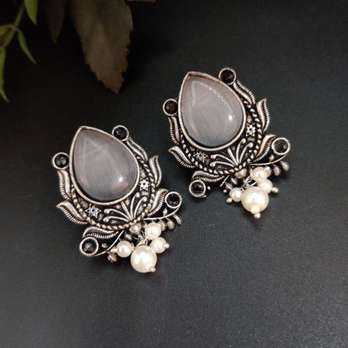 Adorable Oxidised Design Monalisa Stone Stud with Pearl Work Earrings