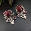 Adorable Oxidised Design Monalisa Stone Stud with Pearl Work Earrings