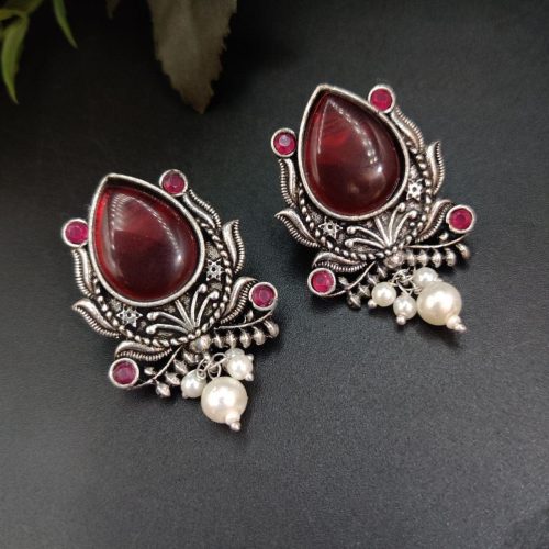Adorable Oxidised Design Monalisa Stone Stud with Pearl Work Earrings