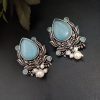 Adorable Oxidised Design Monalisa Stone Stud with Pearl Work Earrings