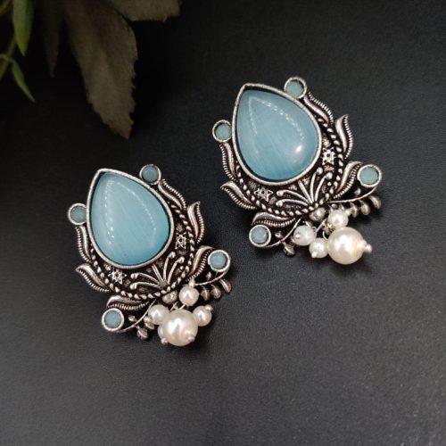 Adorable Oxidised Design Monalisa Stone Stud with Pearl Work Earrings