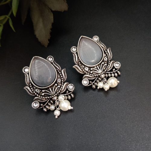 Adorable Oxidised Design Monalisa Stone Stud with Pearl Work Earrings