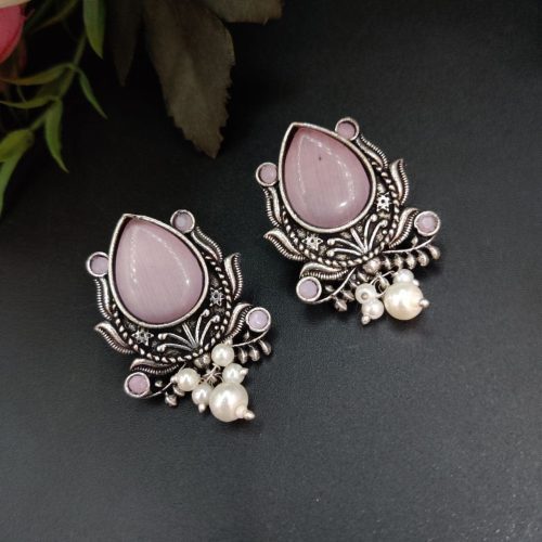 Adorable Oxidised Design Monalisa Stone Stud with Pearl Work Earrings