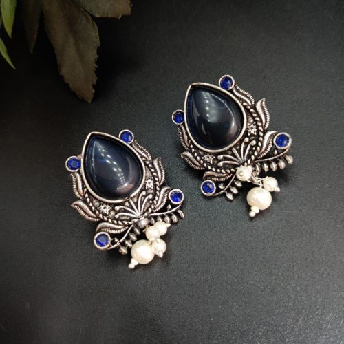 Adorable Oxidised Design Monalisa Stone Stud with Pearl Work Earrings