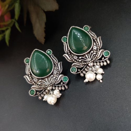 Adorable Oxidised Design Monalisa Stone Stud with Pearl Work Earrings