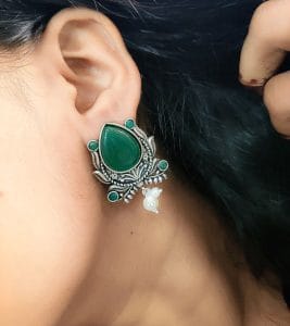Adorable Oxidised Design Monalisa Stone Stud with Pearl Work Earrings - Color: "Green"