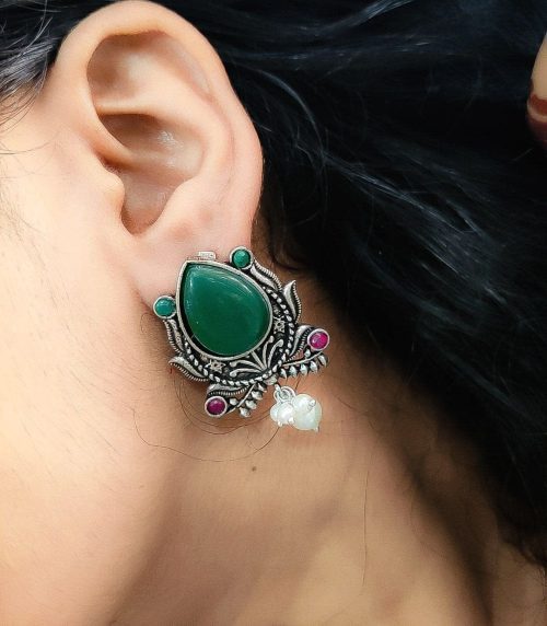 Adorable Oxidised Design Monalisa Stone Stud with Pearl Work Earrings