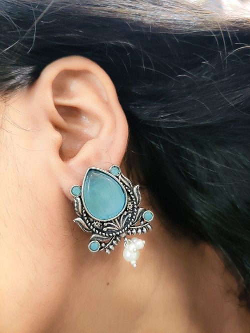 Adorable Oxidised Design Monalisa Stone Stud with Pearl Work Earrings