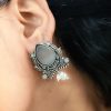 Adorable Oxidised Design Monalisa Stone Stud with Pearl Work Earrings
