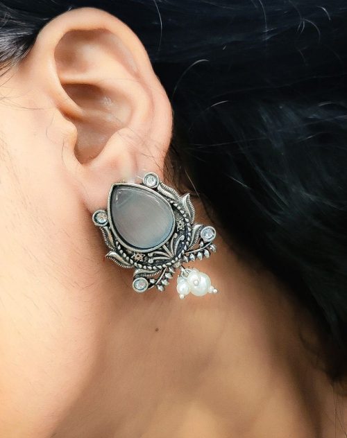 Adorable Oxidised Design Monalisa Stone Stud with Pearl Work Earrings