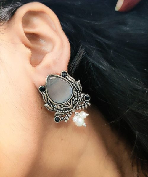 Adorable Oxidised Design Monalisa Stone Stud with Pearl Work Earrings