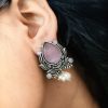 Adorable Oxidised Design Monalisa Stone Stud with Pearl Work Earrings