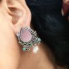 Oxidised Design Monalisa Stone Stud with Pearl Work Earrings