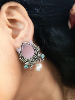 Oxidised Design Monalisa Stone Stud with Pearl Work Earrings
