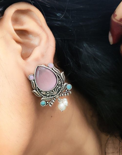 Oxidised Design Monalisa Stone Stud with Pearl Work Earrings