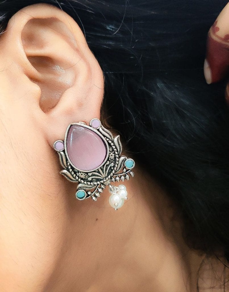 Adorable Oxidised Design Monalisa Stone Stud with Pearl Work Earrings