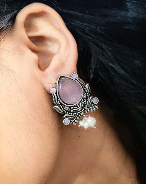 Adorable Oxidised Design Monalisa Stone Stud with Pearl Work Earrings