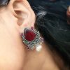 Adorable Oxidised Design Monalisa Stone Stud with Pearl Work Earrings