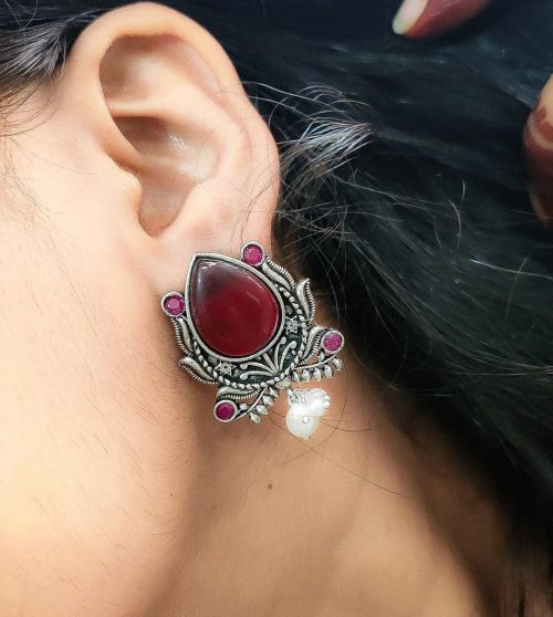 Adorable Oxidised Design Monalisa Stone Stud with Pearl Work Earrings