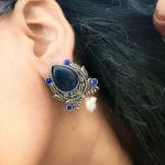 Bulk 10 Adorable Oxidised Design Monalisa Stone Stud with Pearl Work Earrings - "Blue"