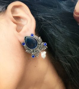 Adorable Oxidised Design Monalisa Stone Stud with Pearl Work Earrings - Color: "Blue"