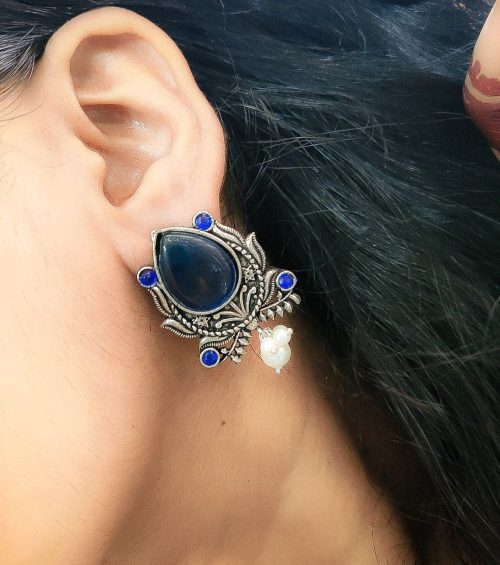 Adorable Oxidised Design Monalisa Stone Stud with Pearl Work Earrings