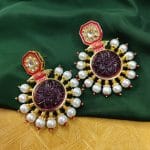 Glass Carving Stone Quality Gold Plated Kundan Meenakari Stud Earrings with Pearl Work