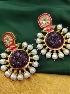 Glass Carving Stone Quality Gold Plated Kundan Meenakari Stud Earrings with Pearl Work