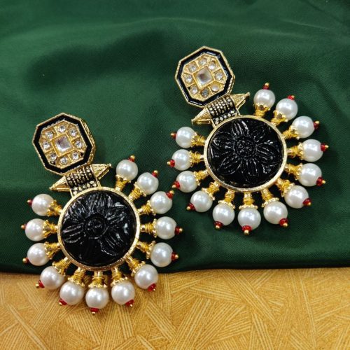 Glass Carving Stone Quality Gold Plated Kundan Meenakari Stud Earrings with Pearl Work - Image 9