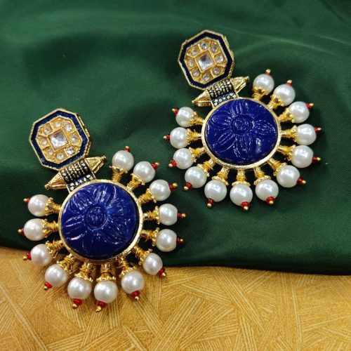 Glass Carving Stone Quality Gold Plated Kundan Meenakari Stud Earrings with Pearl Work - Image 8