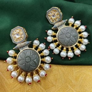 Glass Carving Stone Quality Gold Plated Kundan Meenakari Stud Earrings with Pearl Work - Color: "Grey"