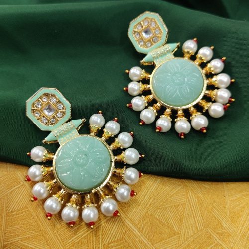 Glass Carving Stone Quality Gold Plated Kundan Meenakari Stud Earrings with Pearl Work - Image 4