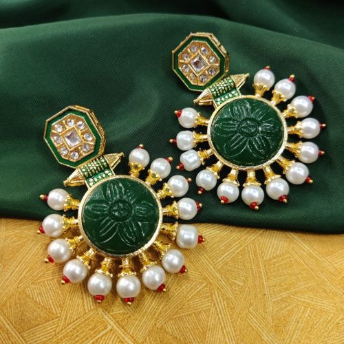 Glass Carving Stone Quality Gold Plated Kundan Meenakari Stud Earrings with Pearl Work - Image 2