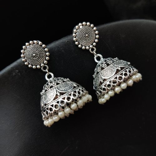 Silver Plated Oxidised Floral Art Necklace With Jhumka Earrings - Image 5