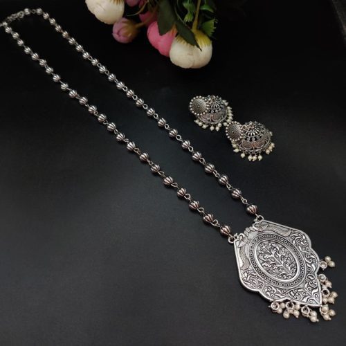 Silver Plated Oxidised Floral Art Necklace With Jhumka Earrings