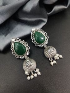 Premium Quality Silver Replica Drop Shape Monalisa Stone Stud Earrings - Color: "Green"