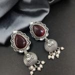 Premium Quality Silver Replica Drop Shape Monalisa Stone Stud Earrings - "Maroon"