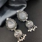 Premium Quality Silver Replica Drop Shape Monalisa Stone Stud Earrings - "Grey"